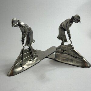 Vintage Zinn Etain Womens Golf Pewter Bookends Book Ends Canada Signed Seagull